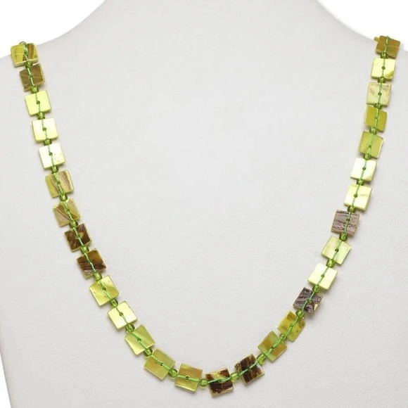 Handcrafted Shades of Green Pearl Shell Square Beads 34" Long Necklace - Picture 1 of 3